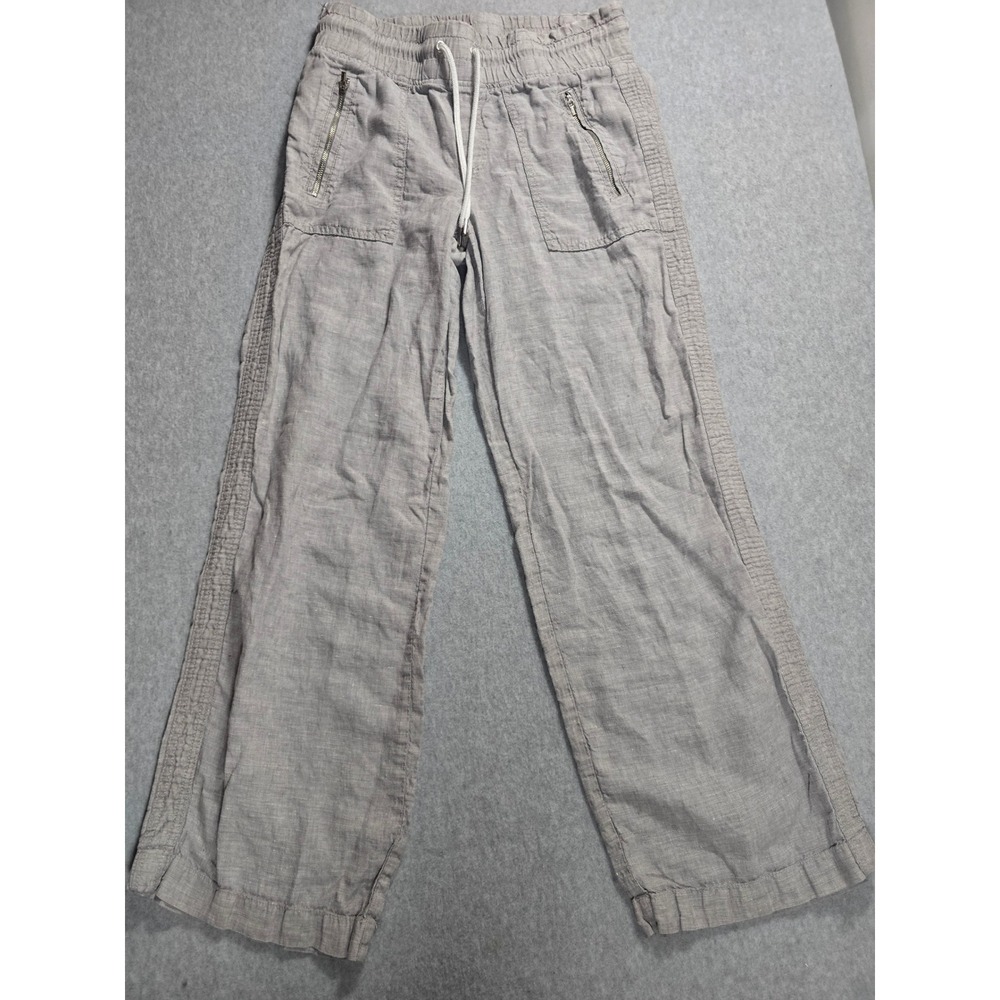 Athleta Cabo Linen Wide Leg Pants Gray Smocked Drawstring Pockets Size 4